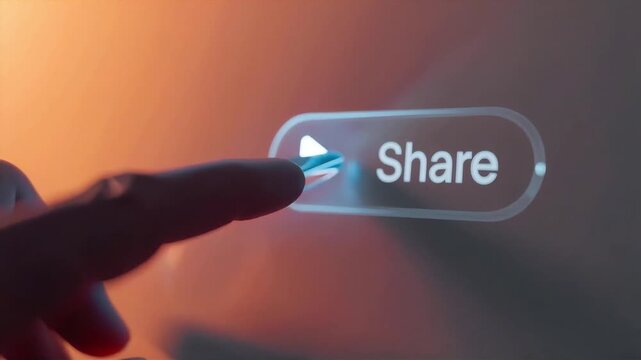 Share button digital interface finger touch action video clip showing interactive user engagement on a modern holographic glass display screen