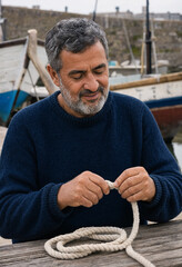 Obraz premium Seasoned fisherman with gray hair and beard smiles gently while working with a thick rope on a rustic wooden table. Male carefully ties or splices a knot. Fishing boats rest in a quiet, coastal harbor