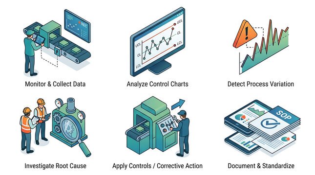 Isometric Quality Control Process Flow Illustrating Industrial Manufacturing Data Analysis and Standardized Operational Procedures