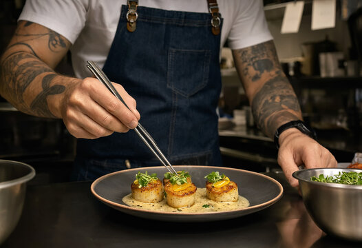 A tattooed chef in a denim apron meticulously plates perfectly seared scallops using precision kitchen tweezers. He places fresh microgreens onto the gourmet seafood in a delicate sauce