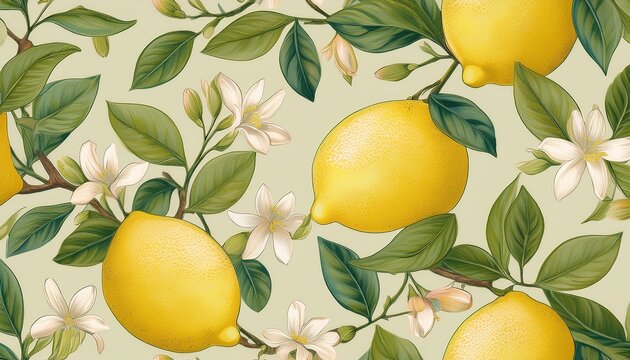 seamless lemon pattern with blossoms on pastel background