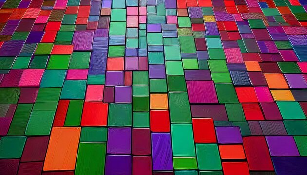 abstract mosaic of colorful rectangles and squares in green purple and red