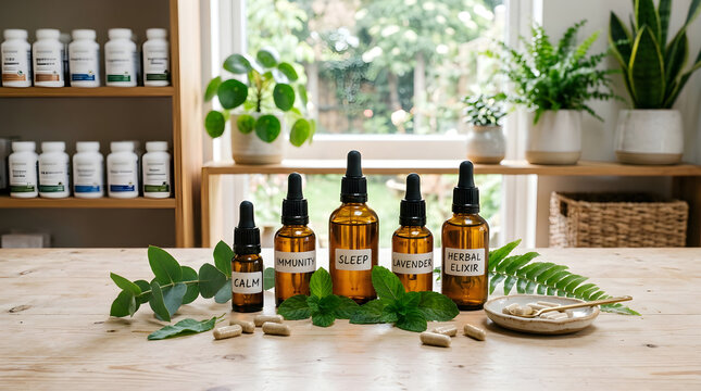 Assortment of herbal wellness tinctures and supplements on a wooden table in a natural light setting