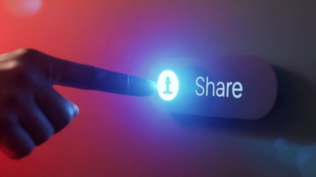 Share button digital interface finger interaction activating social media connection motion graphic video clip for modern internet communication technology concepts