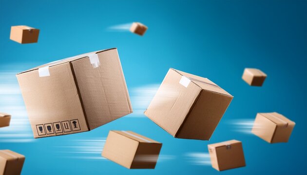cardboard boxes flying at high speed on blue background
