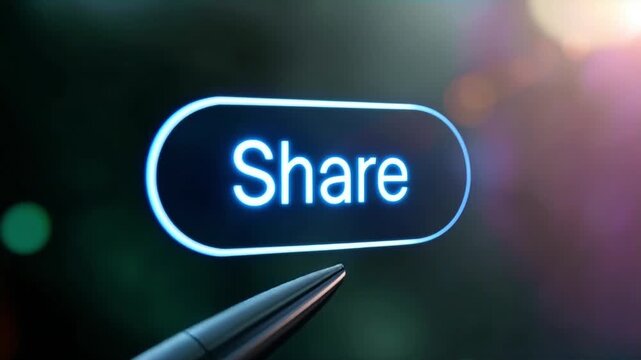 Share button interaction with a metallic stylus pen on a glowing digital interface screen for modern motion video project concepts