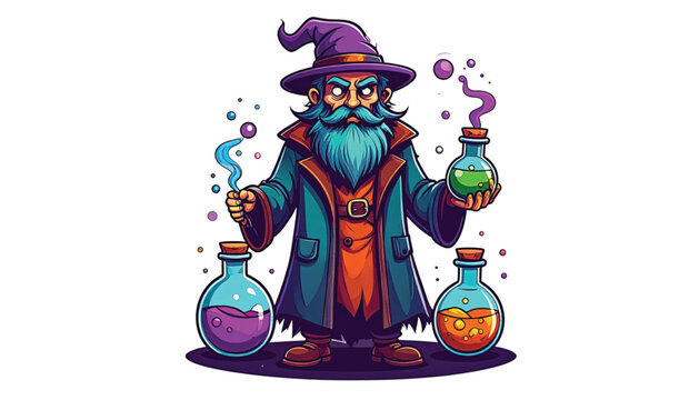 Wizard with magic potions and hat.