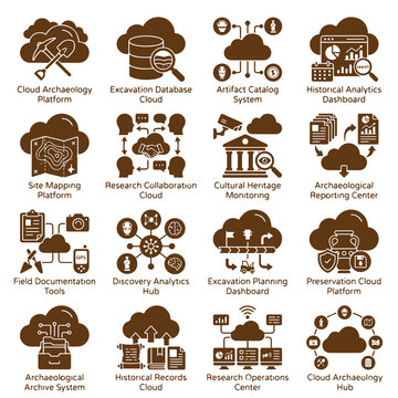 Set of archaeological cloud computing and data management icons with archaeology