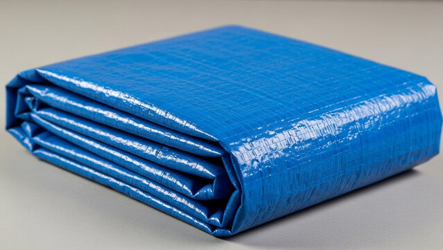 Folded blue tarp material protection sheet covering outdoor equipment storage