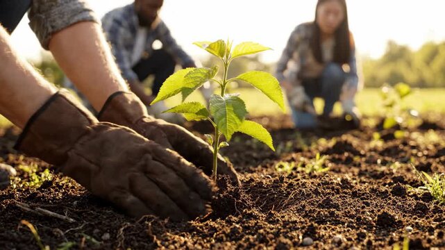 Close up of gloved hands planting a young tree sapling in soil. Group of volunteers working in blurred background. Environmental conservation and reforestation concept.