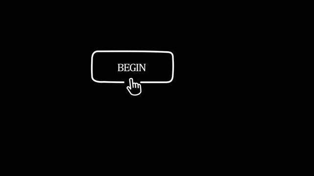 Minimalist graphic of a cursor clicking a begin button on black screen clean digital featuring hand