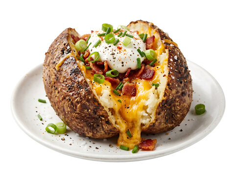 Delicious loaded baked potato on a white plate indoors