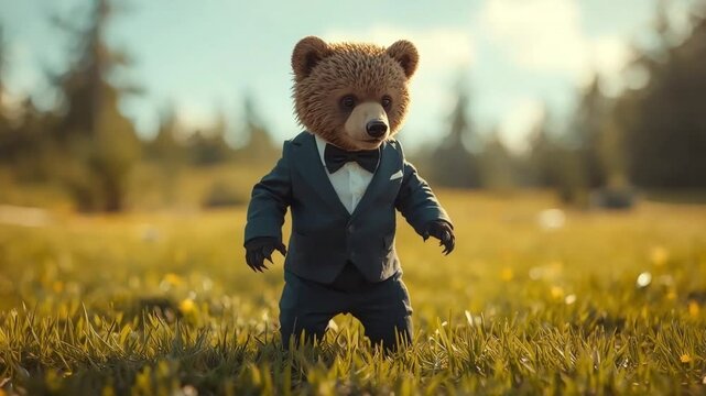 Teddy bear wearing a formal tuxedo and bowtie standing in a golden meadow, cinematic motion background for video projects