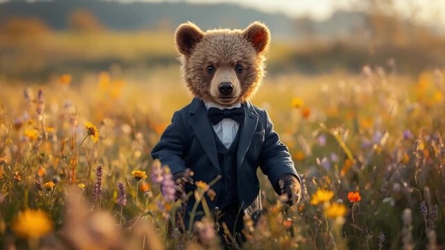 Bear wearing formal business suit and bowtie walking through beautiful wildflower meadow in this cinematic high quality motion video footage