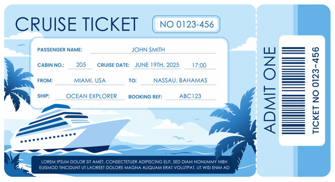 Vector cruise ticket template with luxury ocean liner, tropical landscape and boarding pass design. Travel voucher concept for cruise vacations, tourism promotions and booking services.
