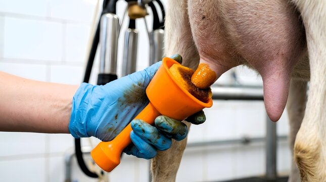 A person in blue gloves applies iodine antiseptic teat dip to a dairy cow udder in a milking parlor