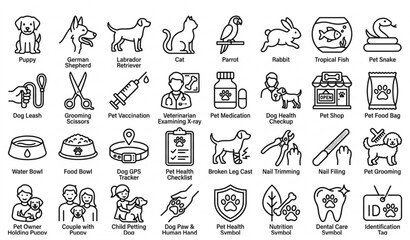Fototapeta premium Pet Care and Veterinary Outline Icons Set with Editable Strokes Vector EPS10