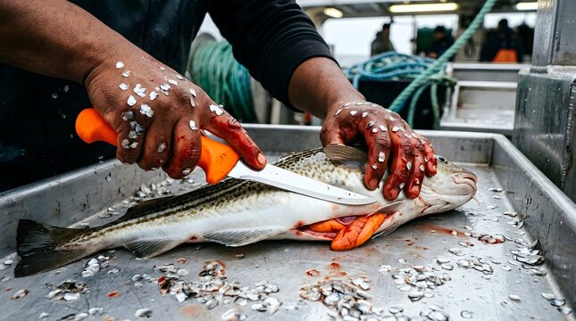 Fisherman holding an orange handled knife cleaning a fresh fish on a metallic processing table