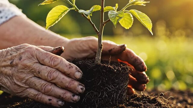Close-up of elderly wrinkled hands carefully cradling a young green tree sapling with a root ball and dark soil, planting it in the earth against a blurred sunny garden backdrop.