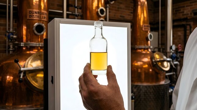 Person examining a small glass bottle of amber liquid against a backlit panel in a distillery