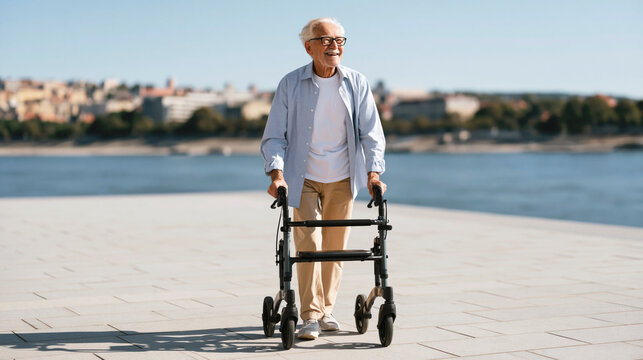 Happy elderly man uses a walker on a sunny waterfront promenade with city scenery in the background.