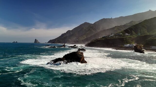 Aerial view of ocean waves crashing on rocks, Roque de las Bodegas, Tenerife
