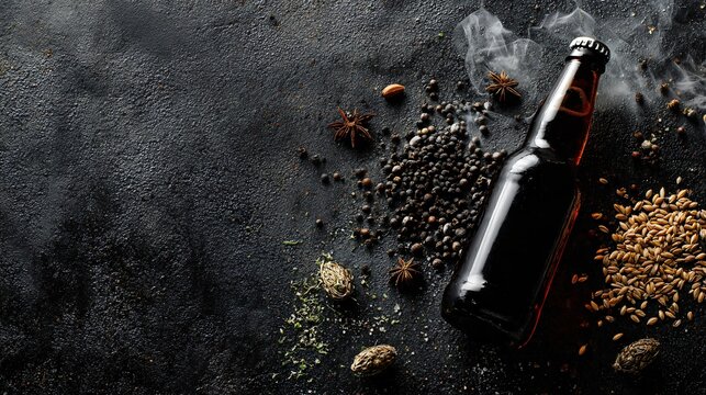 A dark flat lay of beer with scattered spices, roasted grains, and subtle smoke effect on a textured black surface