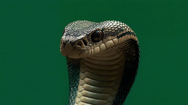 Cobra snake head motion video showing detailed scales and flickering tongue against a solid dark green studio background animation clip