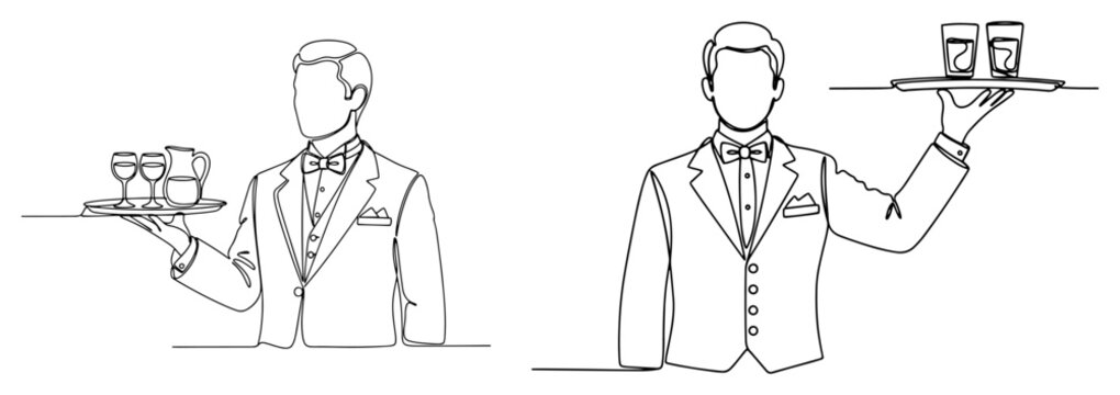 Professional waiter in tuxedo holding serving tray with drinks in continuous line art style
