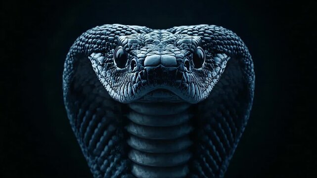 Cobra snake portrait facing forward in dark cinematic lighting for an intense and aggressive high quality digital motion video animation