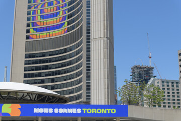 Naklejka premium Toronto, a FIFA host city, has turned its iconic City Hall (designed by Viljo Revell in 1965) into a massive marketing backdrop for World Cup banners