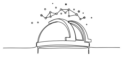 Astronomical observatory dome under stars and constellation in continuous line art style © Alicja