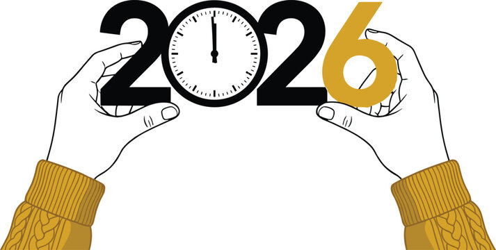 2026 hands illustration with clock zero, golden digit six, knitted sweater detail, future countdown concept, and vector design elements