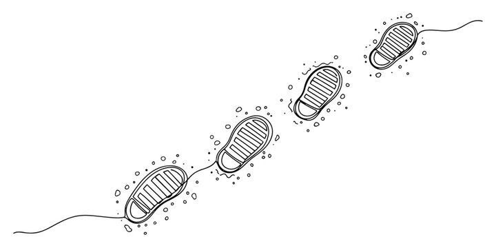 Bootprints on surface following a path drawn in continuous line art style