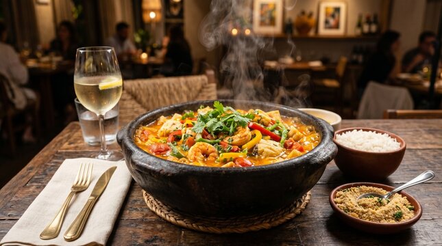 Moqueca brazilian seafood stew served in a traditional clay pot