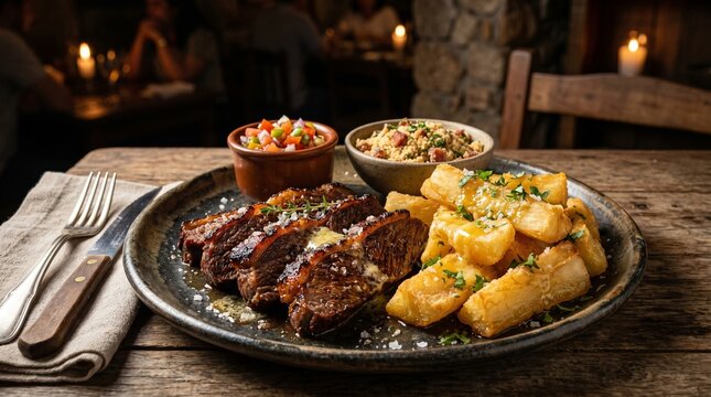 Picanha steak with fried cassava, farofa, and vinaigrette sauce