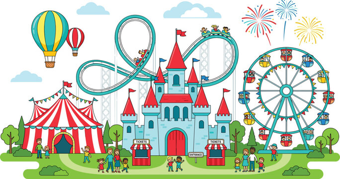 Amusement park illustration with castle, circus tent, Ferris wheel, roller coaster, hot air balloons, fireworks, and festive vector design