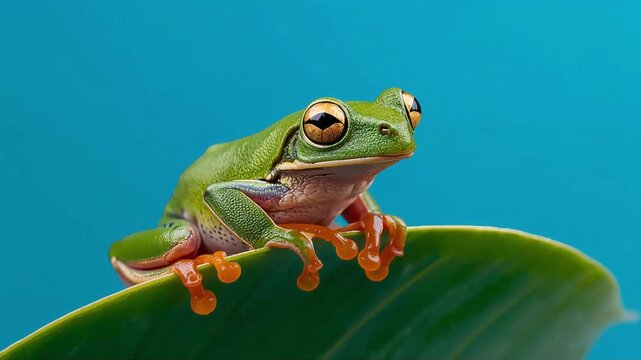 Red-eyed tree frog sitting on a large tropical green leaf against a solid blue background motion video clip animation