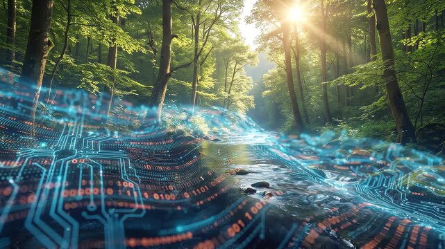 Digital circuit patterns flowing over forest river. Concept of environmental monitoring and green technology integration. Lockdown shot.