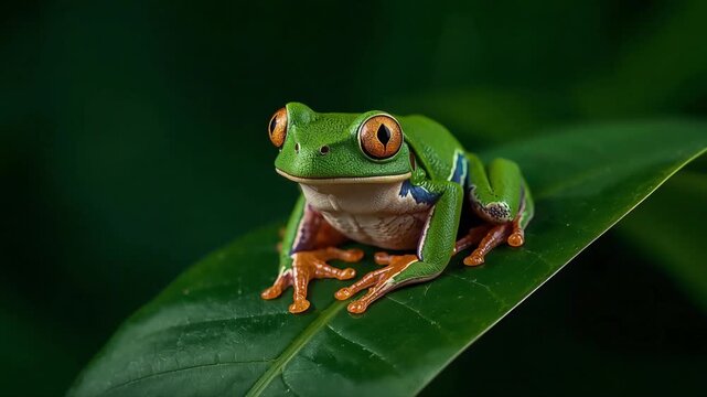 Red-eyed tree frog resting on a large tropical green leaf captured in high resolution motion video footage for nature projects