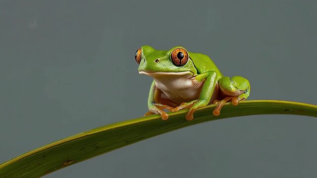 Green tree frog perched on a thin leaf in this high definition motion clip representing nature wildlife video footage
