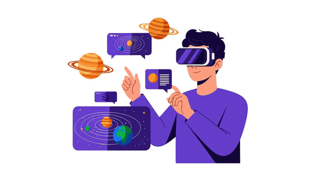 Young Man Using VR Headset for Educational Space Exploration and Solar System Learning Vector Illustration