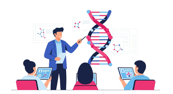 Science Education Concept with Teacher Explaining DNA Genetics to Students Using Tablets in a Modern Classroom Vector Illustration