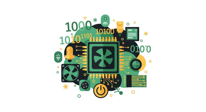 Computer CPU and Hardware Processing Illustration with Binary Code and Tech Icons