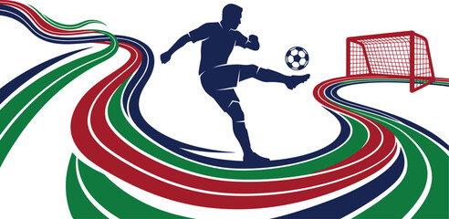 Soccer player kicking ball illustration with dynamic colorful motion lines, energetic sports action concept, and vector design elements © Sheikh
