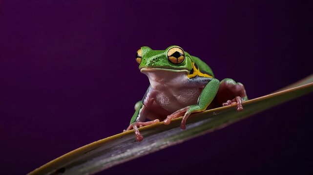 Tree frog sitting on a leaf with dark purple background in this detailed high quality macro nature video footage clip