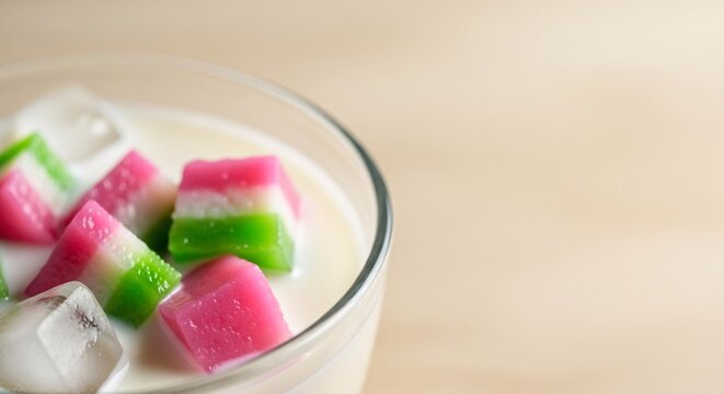 A refreshing glass of Jamu Beras Kencur with colorful jelly cubes and ice on a wooden table indoors.