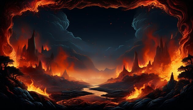 a fiery border frames a dark landscape with fire and smoke