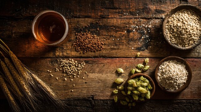 A rustic brewery table flat lay with beer and loosely scattered grains, hops, and wooden textures under warm tones