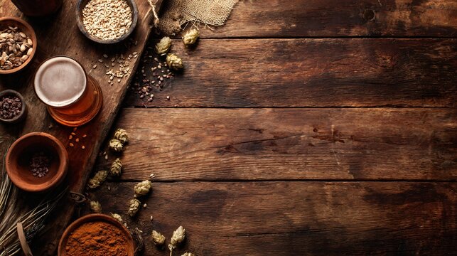 A rustic brewery table flat lay with beer and loosely scattered grains, hops, and wooden textures under warm tones